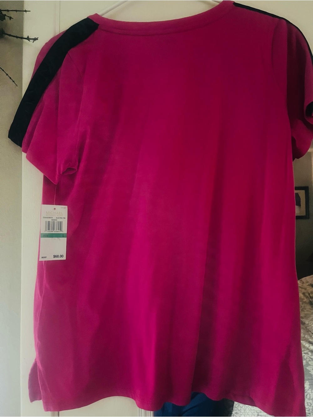 Michael Kors Short Sleeve Tee in Hot Pink with Black Shoulder Detail